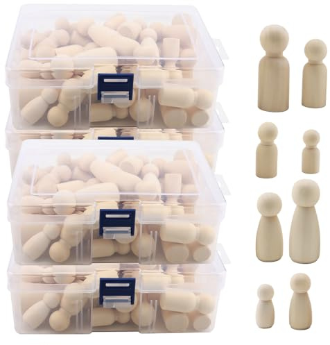 DAKFOOK 200 Stück Holzfiguren Puppen, 4 Größen, Holzpuppen in Menschenform, mit Aufbewahrungsbox, unlackierte Holzklammer Puppen zum Malen, Basteln und Dekorieren, 33/43/53/65 mm