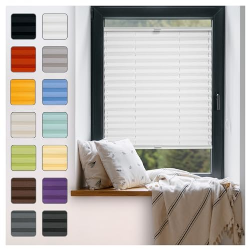 Fenster Plissee ohne Bohren zum Kleben Innenrahmen - Thermo Plisseerollo Innen - Rollo Jalousie, Halterungen auf Rahmen, Faltrollo, Sichtschutz, Blickdicht, für Fenster & Tür - Weiß, 75 x 200 cm