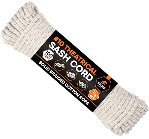 Xpose Safety #8 Sash Cord – 1/4 Inch x 100 Ft – White Cotton Rope with Nylon Core – Low Stretch Utility Cord for Window Sash, Tie Down, Clothesline, Camping, Rigging, DIY, Crafts, Home Improvement