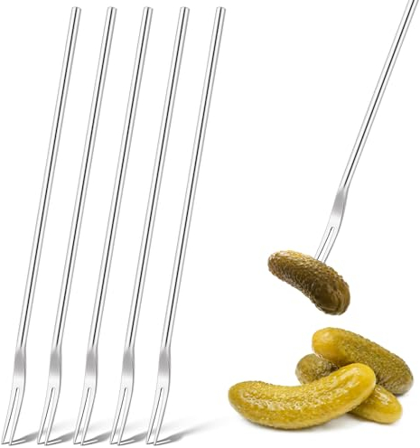 Yexiya Gurkengabeln, 22,6 cm langer Griff, Olivengabel, 304 Edelstahl, Pickle Picker, Greifer für Glas, Cocktail, Dessert, Obst, 2 Zinken (Silber), 5 Stück