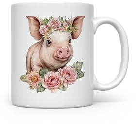 MAXIKIWI - Tazza da caffè o tè in ceramica liscia e resistente per casa o ufficio - perfetta per ogni occasione - Maiale floreale - 350 ml