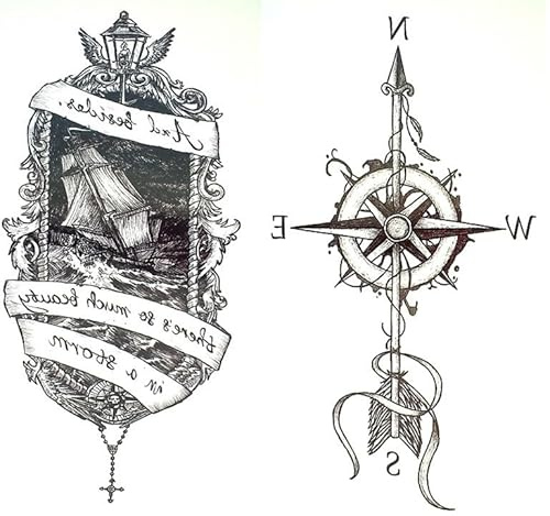 2 Blätter Temporäres Segelschiff Tattoo Kompass Matrose Tattoos Fake Tattoo Aufkleber XQB022 023