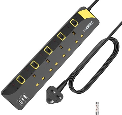 Extension Lead with Individual Switches 4 Way 3 USB 4M Black 4M Extension Lead with USB C Slots, 4 Way (13A/3250W) Plug Extension Socket with 2 USB A and 1 USB C, Mountable Power Strip