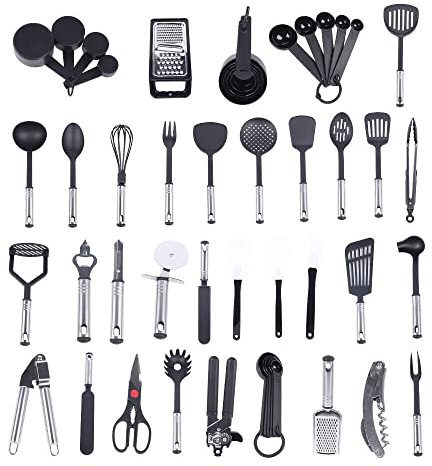 CLEADONG Set di 40 utensili da cucina, in nylon e acciaio inox, set di posate da cucina in acciaio inox, set di posate da cucina con manico in acciaio inox e 410, colore nero