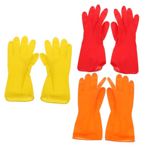 Amosfun Latex Cleaning Gloves Large Waterproof Kitchen Dishwashing Gloves Heavy Duty Household 3 Pairs Red Yellow Orange 40g Each