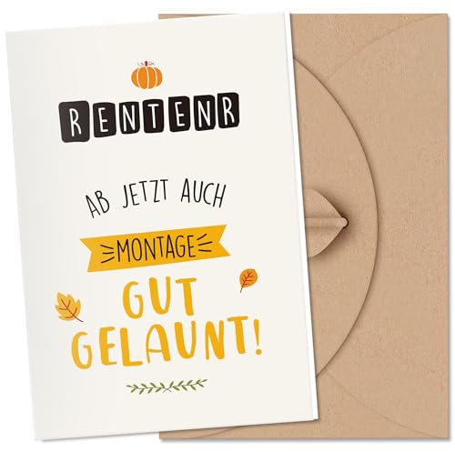 Premium Karte zum Ruhestand mit Umschlag aus Kraftpapier, Klappkarte Karte Rente Ruhestand Grußkarte lustig Abschied Glückwunschkarte Abschiedsgeschenke für Kollegen Frau Mann Abschiedskarte(12x17cm)