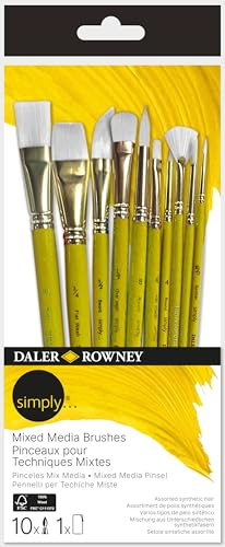 Daler-Rowney Simply Mixed Media Brush Set, 10 stycken, kort handtag, akvarell, akryl, blandade medier, oljemålning, konstverktyg, för konstnärer och hobbyister på nybörjarnivå