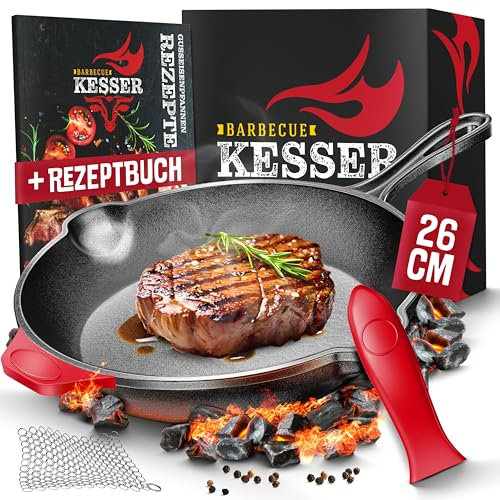 KESSER® Padella in Ghisa Rotonda 26cm ai adatta fornelli a induzione, Grill a Gas e Carbone, Forno | Bistecchiera in ghisa precotta | Inclusi Manici Protettivi, Ricettario e Anello Pulitore