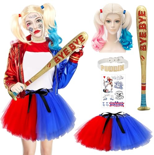Ourdort Cosplay Kostüme für Erwachsene,Mädchen Bösewicht Suicide Kostüm Kit,Halloween Karneval Kostüm Damen,Tüllrock mit Halskette,Perücke,Aufblasbarer Baseballschläger,Tattoo,für Fasching Party