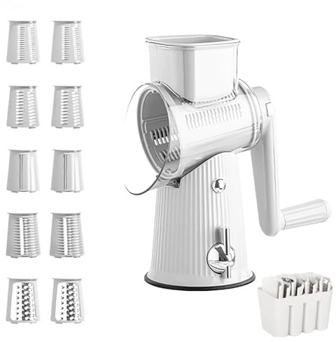 Rallador de queso 5 en 1, Rallador de queso gourmet 5 en 1, Rallador de queso giratorio 5 en 1, Rebanador de verduras, Utensilios de cocina fáciles de limpiar con caja de almacenamiento (White)