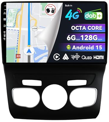BXLIYER | INTEGRE 4G LTE & DAB| - 6G+128G - Android 15 Autoradio Pour Citroen C4 C4L DS4 (2013-2017) - Carplay + Android Auto - Caméra + MIC - 2 Din QLED 10.1 Pouce - Volant Dual Band WIFI DSP 360-CAM