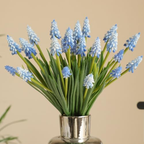 Shirfloral 15Pcs Grape Hyacinth Larkspur Artificial Flowers Fake Plants Faux Flowers Bouquets Floral Table Centerpieces Home Spring Wedding Party Decoration (Blue)