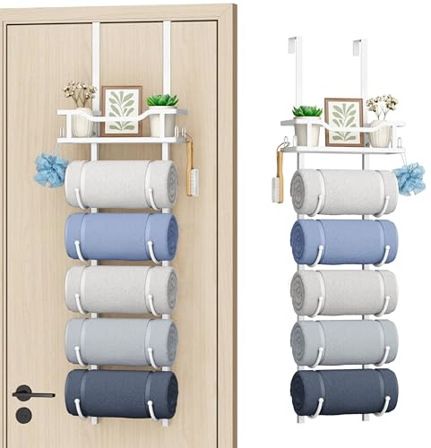 SWTYMIKI Over the Door Towel Rack - 6 Tier Towel Racks for Bathroom Wall Mounted, Towel Holder with Shelf, Hanging Rolled Towel Storage Organizer for Small Bathroom, Camper, RV, White