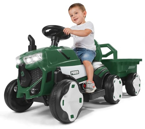 Kinder Traktor mit abnehmbarem Anhänger,2 in 1Kinder Elektroauto Aufsitztraktor mit LED Lichtern, Musik, Kinderlast 50 kg, geeignet für Kinder ab 3 Jahren
