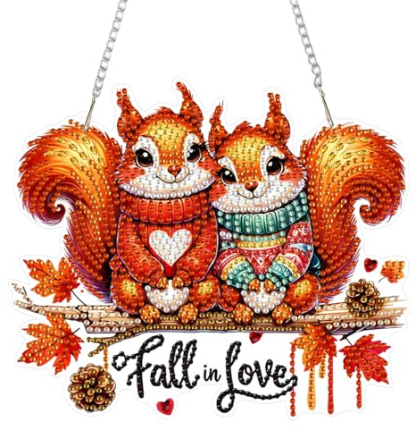 DOMROM Colgante de pintura de diamantes de otoño, pintura de diamante de animales, imágenes de ventana, ardilla de diamante, adorno colgante para niños, adultos, pintura de diamantes, manualidades