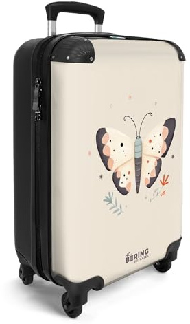 NoBoringSuitcases© Handgepäck Koffer Kinder Reisekoffer Kinderkoffer 4 | 55x35x20 cm - Rollen Leicht Cabin Trolley Hartschalenkoffer für Jugendliche Schmetterling - Beige - Tiere