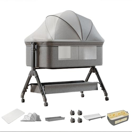 Cuna Mecedora 3 en 1 con Ruedas con Freno y Colchón Ajustable,Caqui | Diseño convertible para colecho, equipado con mosquitera protectora contra insectos
