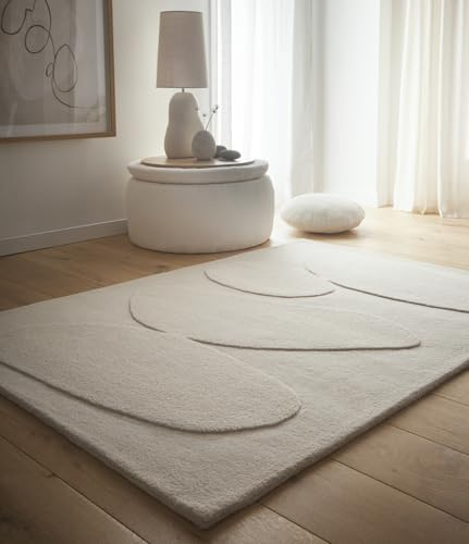 Lord of Rugs Sculpture Wool Rug For Living Room Bedroom Natural Soft Plush Quality Hand Tufted Carved Scandinavian Luxurious Area Rug Pebble Oatmeal, Medium 120 x 170 cm (4'x5'6)