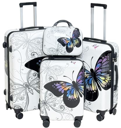 4-teiliges Schmetterling-Koffer-Set mit 20/24/28 Zoll Hartschalen, Handtasche, Kombinationsschloss, 360° Silent Rollen, wasserdicht. ABS+PC, familientauglich, sofort lieferbar. (Weißer Schmetterling)