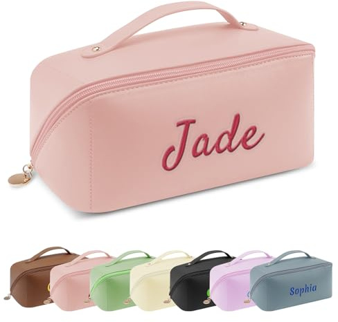 Personalisierte Reise-Make-up-Tasche, Kosmetiktaschen mit großem Fassungsvermögen und Namensstickerei, Kulturbeutel aus PU-Leder für Damen, Geschenk für Brautjungfern, Hochzeitsfeier (Rosa)