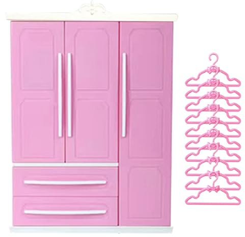 BEAHING Dollhouse Möbel, Puppenschrank, 3 Tür 2 Schuppenpuppenhausgarderobe, 7x10x3 Möbel mit 10 Kleiderbügeln, Miniaturen für Puppenkleidung, Miniaturen