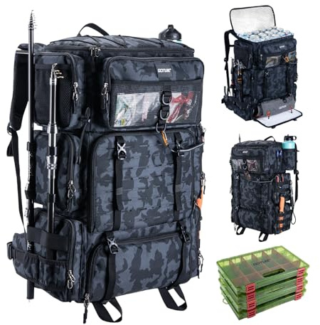 Goture 72L Angelrucksack mit Kühltasche 16L, wasserdicht, 2 Rutenhalter | 4 Köderboxen, Trocken-/Nass-Fach, Regenschutz inklusive - perfekt für Angelausflüge, Camping und Reisen