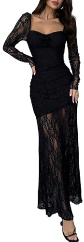 SweatyRocks Maxikleid Damen Langarm Spitzenkleid Festlich Partykleid Elegant Abendkleider Langes Kleid Mit Spitze Cocktailkleid Winterkleid Schwarz M
