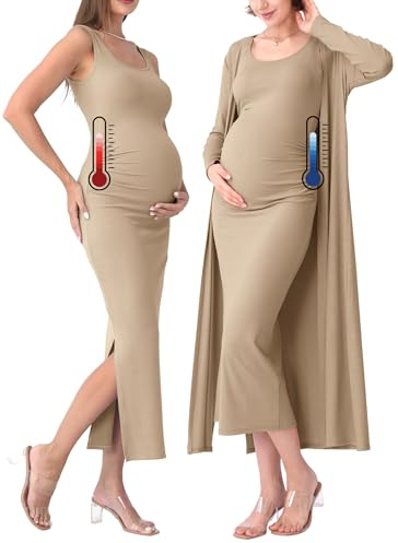 Rnxrbb 2 PCS Spring Summer Maternity Dress Cardigan Set Bodycon Maxi Formal Dresses Boho Baby Shower for Women,Light Coffee L