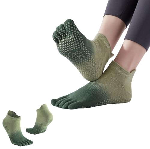 CoziSox 2 Pares Calcetines Antideslizantes Mujer - Calcetines Yoga Antideslizantes Cinco Dedos con Soporte del Arco, Calcetines Pilates Mujer para Fitness Danza de Algodón Degradado, Verde, M