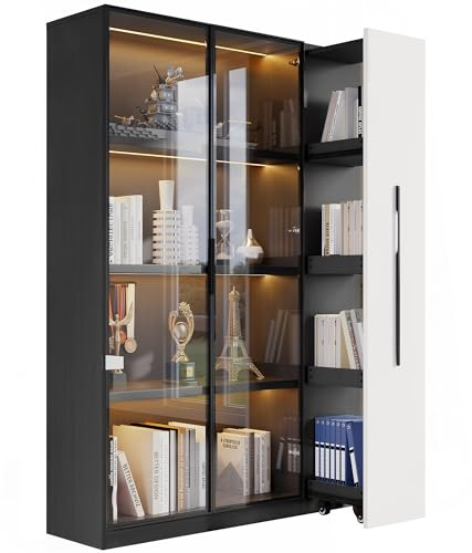 Zenithpath Glasvitrine 110,5x35x160cm, Bücherregal Vitrine mit gehärteten Glastüren, Türrahmen aus Aluminium, Vitrinenschrank mit Seitlich Ausziehbarem Lagerregal und Rollen