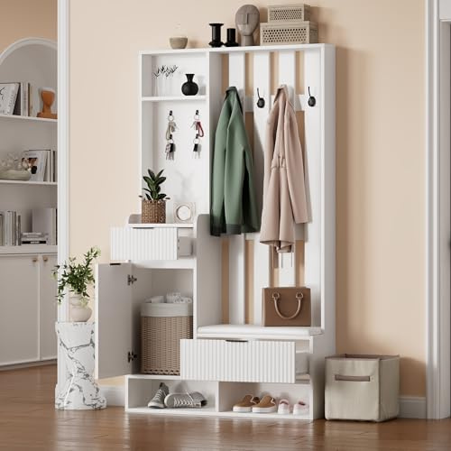 HESHU Garderobenständer 6-in-1, mit 8 Haken, Schuhbank und Ablagen, Kippschutz,Kompaktgarderoben Mit Schubladen und Schränken,100cm breit,Schuhschrank, weiß