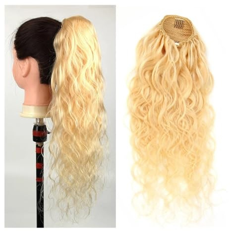 Hair Extensions Extensiones de cabello humano con cola de caballo de color rubio 613, cola de caballo envolvente con cordón, cabello brasileño ondulado 9A(20inch)