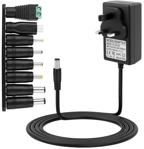 24V 1A Power Supply Adapter, 100V-240V AC to DC with 8 Replacement Tip Universal 50/60HZ Multi Plug Charger Fit for 24V 1.0A 1000mA 0.5A 500mA 0.1~1A Power Cord for LED Strip Lights CCTV Camera etc