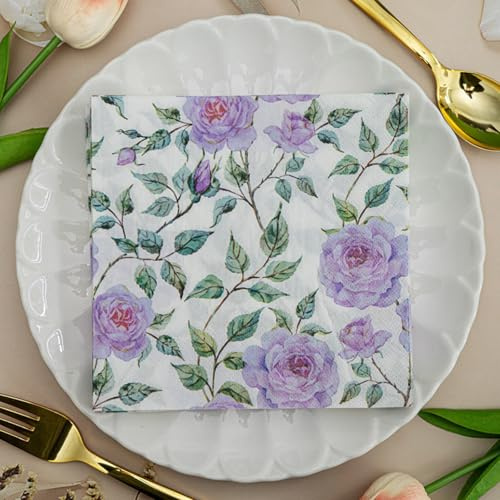 Serviettes en Papier Fleurs Violettes Papier jetable, Serviettes de fête, douces, durables et absorbantes pour cuisine, salle de bain, événements5 Paquet(33x33cm)