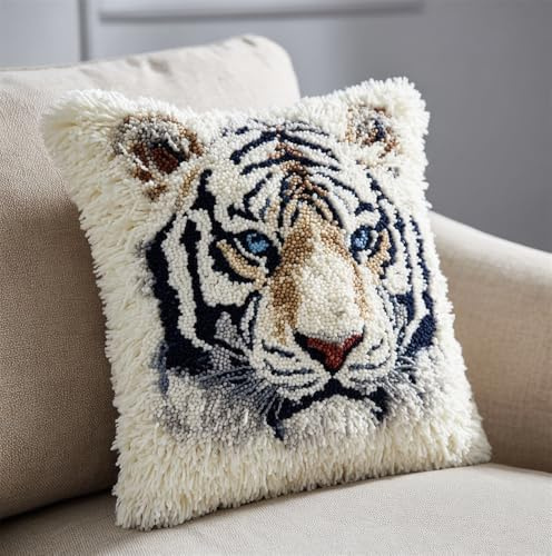 Taxpy 43X43Cm Diy Knüpfkissen Zum Selber Knüpfen Knüpfhaken-Set Weißer Tiger Süße Tiere，3D-Kissen，Materialien，Paketbezug，Knüpfhaken-Set，Kissen-Stickset，Bastel- Und Heimdekoration