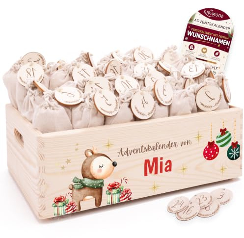 Personalisierter Adventskalender 2026 zum Befüllen mit Holzzahlen | Tolle Weihnachtsdeko aus Holz, Weihnachtskalender mit Tüten für Geschenke Mädchen & Jungen (40 x 30 x 14 cm)