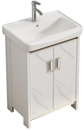 TYMYW Waschbeckenunterschrank mit Keramik Waschbecken und Wasserhahn mit Füßen Badezimmerschrank mit Puffer Scharnier,Weiß,50Cm