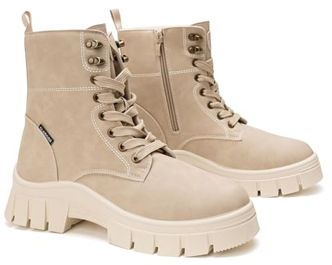 GLAMORA Botines mujer tipo militar de caña media con cordones y cremallera lateral, diseño urbano de invierno con suela track antideslizante y plataforma cómoda para uso diario, trabajo y paseos