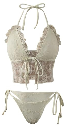 Verdusa Women's Tankini Swimsuits Beach Vacation Clothes 2 Piece Lace Ruffle Tie Knot Halter Tops with Thong Bathing Suit Apricot Medium