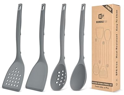 Pack de 4 utensilios de cocina de silicona, no se pegan y cucharas ranuradas resistentes al calor con gancho en la parte posterior, juego de utensilios de cocina ideal sin BPA para asar, servir, girar