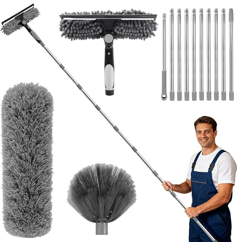 Oaioya Kit 4 Piezas Plumero Extensible 4,3m: Plumero Microfibra Lavable, Cepillo Multiusos con Escobilla y Quitarañas. para Limpieza de Techos, Ventiladores, Ventanas y Suelos