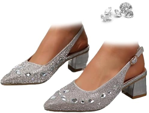 GHTRHSB Décolleté da donna a punta con tacco a blocco, cinturino alla caviglia scintillante alla moda, sandali da sera chiusi, Argento, 40.5 EU