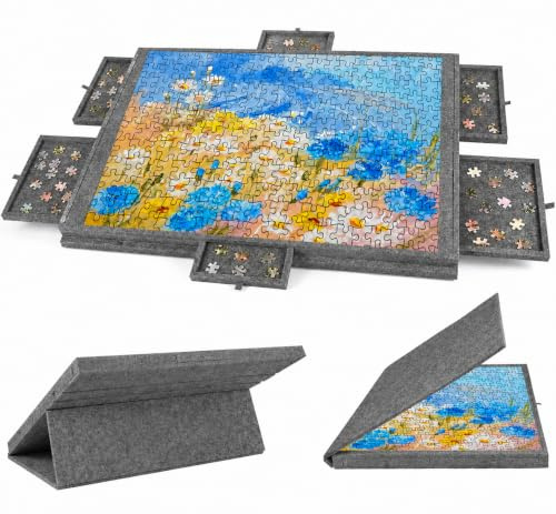 Tilting Jigsaw Puzzle Board 2-in-1 Designed Stand & Cover Lightweight Felt Jigsaw Board Portable Jigsaw Puzzle Table with 6 Drawers for Adults Gift