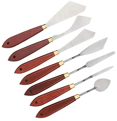 Yctze Set di 7 Spatole in Acciaio Inossidabile, Raschietto per Pittura con Manico in Legno di Betulla, Spatola Flessibile per Miscelazione di Olio e Acrilico, Vari Effetti di Pittura
