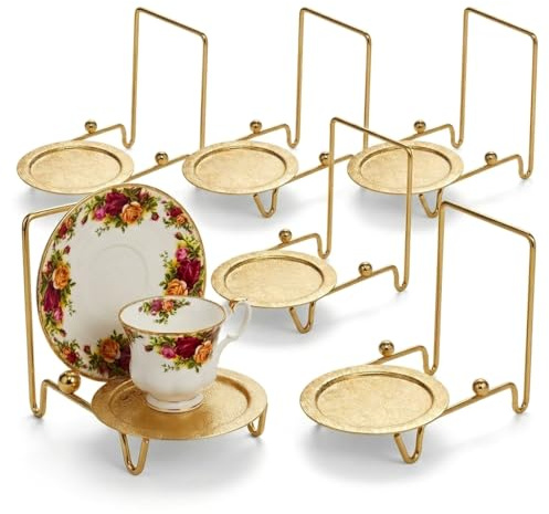 HOHIYA Gold Tea cup and Saucer Display Stand 6 Cup Holder Rack Decorative Tabletop Organizer for China Cups Coffee Mugs and Plates Elegant Tea Party & Kitchen Counter Display Etched Base