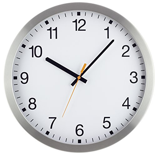 Eurotime Funkwanduhr, 35 cm, Aluminiumgehäuse, Echtglas, klares 12-Zahlen Zifferblatt, Wanduhr für Wohnbereich oder Büro, orangene Sekunde, wandanliegend, 57840-07
