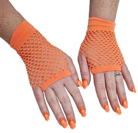Komonee Short Fishnet Gloves Fingerless Mesh, Wrist Length Orange Net for Women, Stretchy Sheer Edgy Costume Accessory for Rave Cosplay Halloween 80s Party, One Size