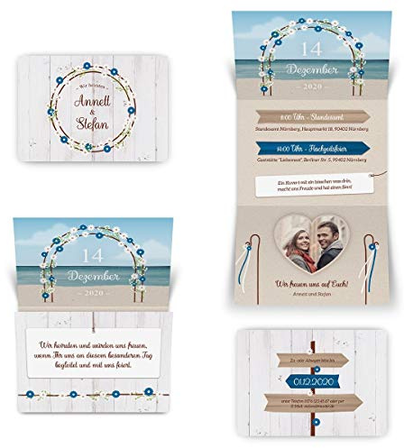 20 x Hochzeitseinladungen individuelle Hochzeit Einladungskarten DIN A6 Klappkarte mit Foto - Strandhochzeit