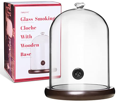 Smoke Glass Cloche with Walnut Base for Food Smoking, Cocktails & Display | Glass cloche with walnut base for food smoking, drinks, desserts and tabletop display, dome for Smoker Gun