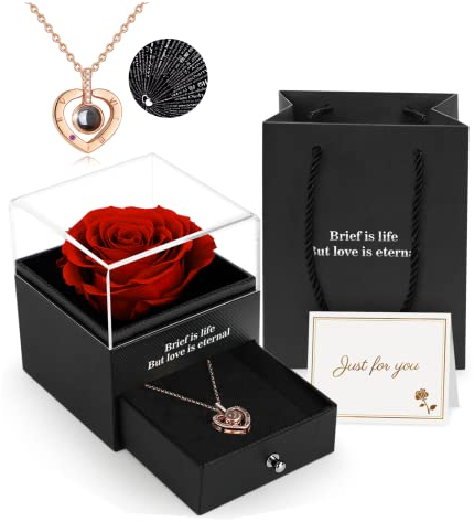 Preserved Real Rose Gift Box with I Love You Necklace, Handmade Eternal Rose Flower Gifts for Mum Mother Women Wife Girlfriend Her on Mothers Day, Birthday, Anniversary, Valentines Day, Christmas